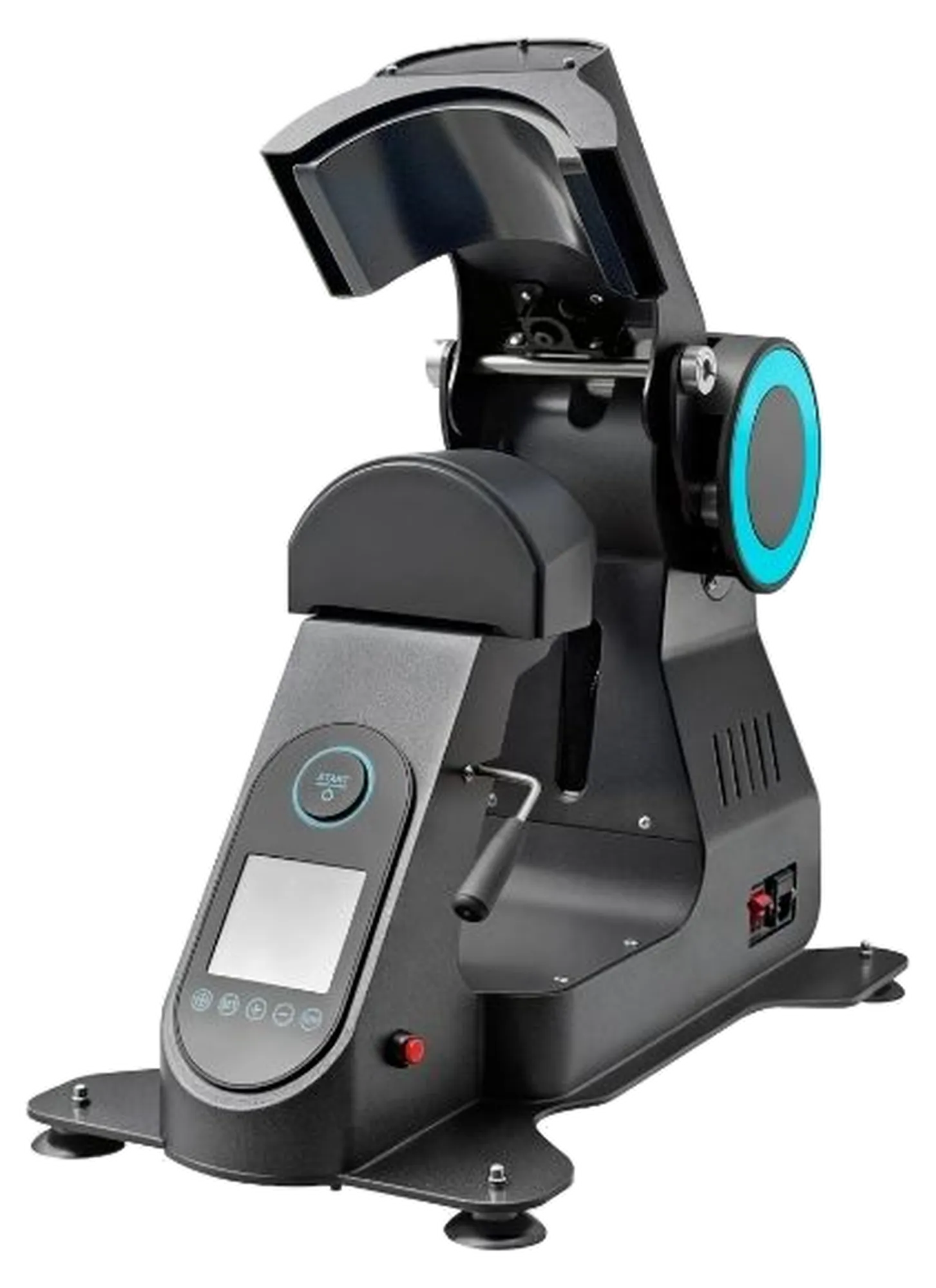 RIVO Cappa Super, dynamic three-quarter view of the black cap press with its cyan accent ring